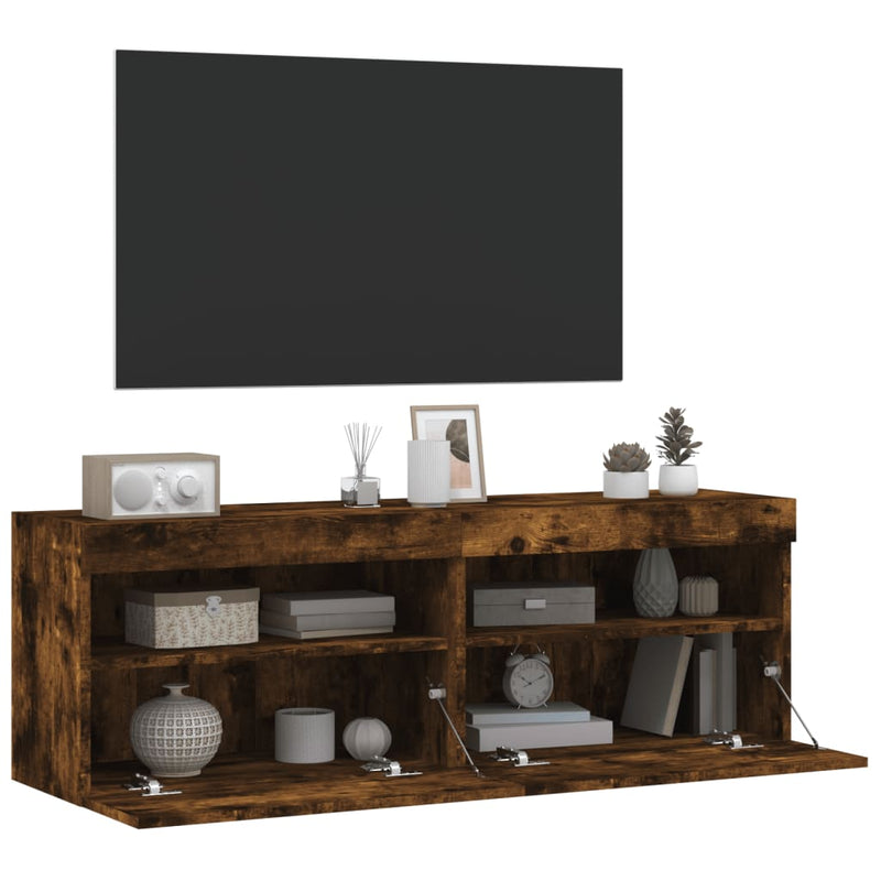 Comodă TV de perete cu LED, 2 buc. stejar fumuriu, 60x30x40 cm