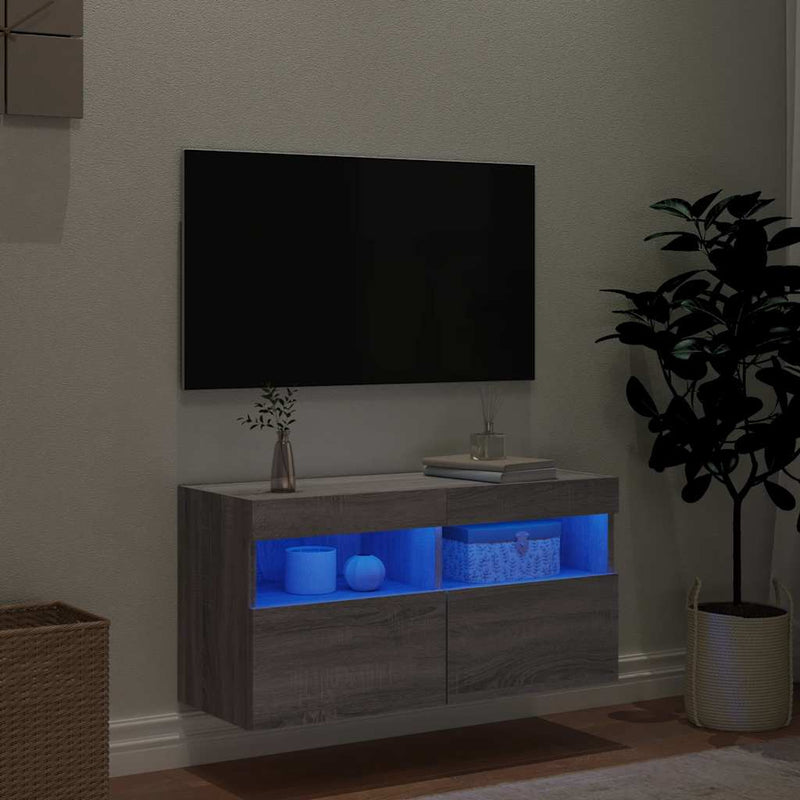 Comodă TV de perete cu lumini LED, gri sonoma, 80x30x40 cm