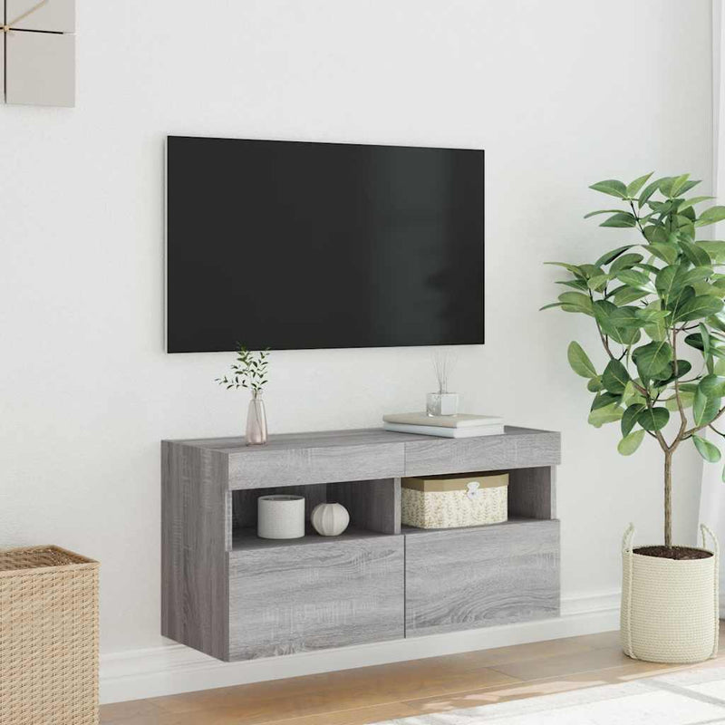 Comodă TV de perete cu lumini LED, gri sonoma, 80x30x40 cm