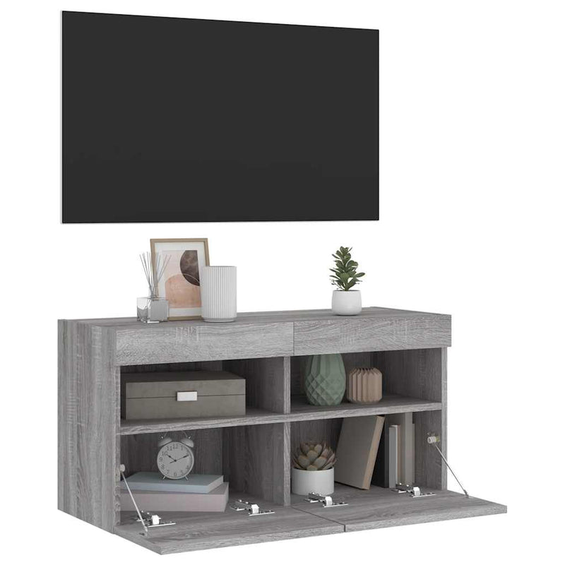 Comodă TV de perete cu lumini LED, gri sonoma, 80x30x40 cm