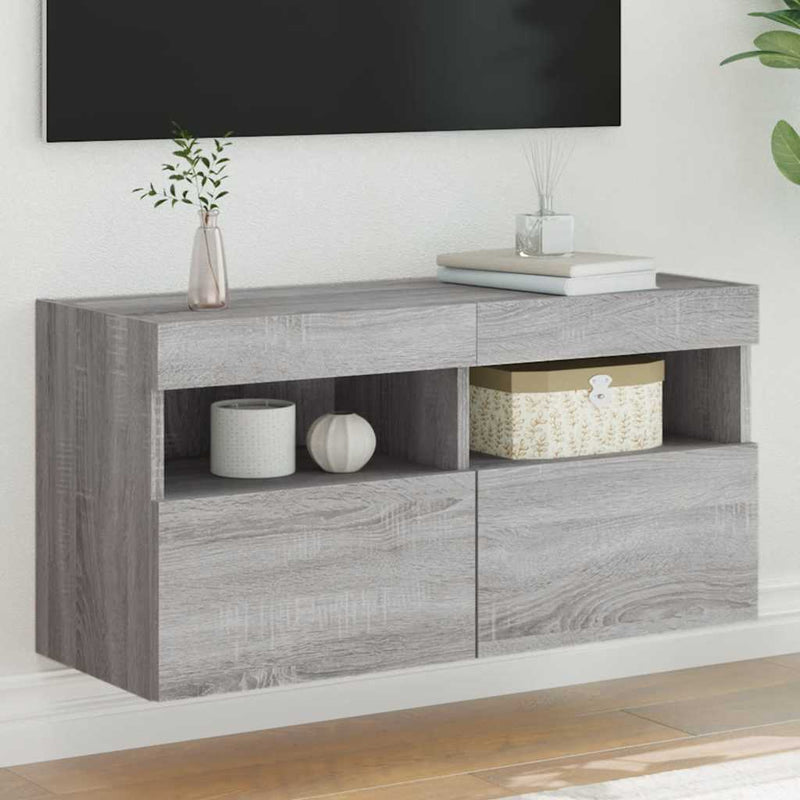 Comodă TV de perete cu lumini LED, gri sonoma, 80x30x40 cm
