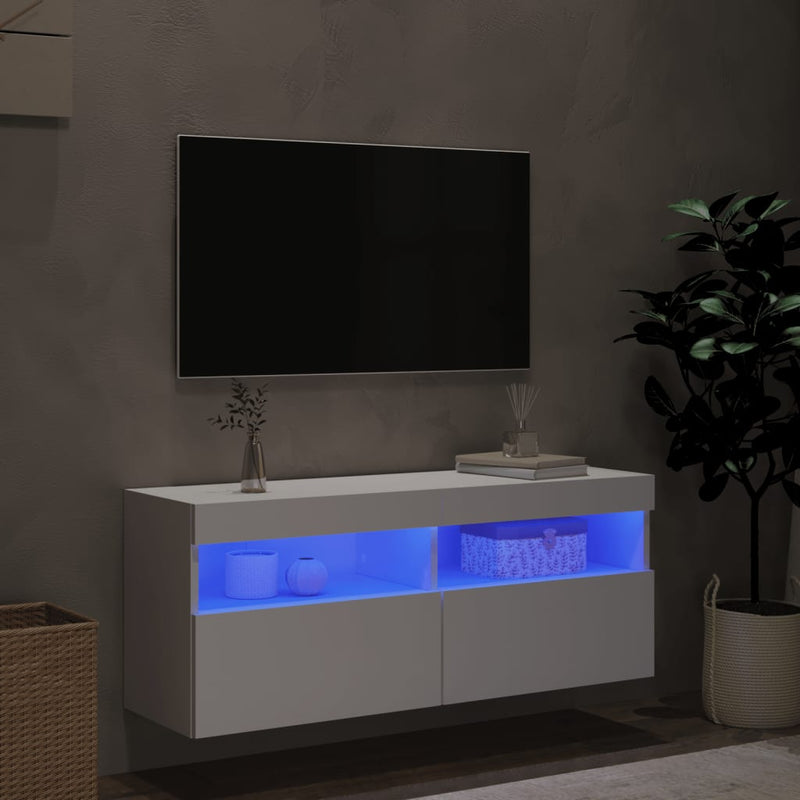 Comodă TV de perete cu lumini LED, alb, 100x30x40 cm