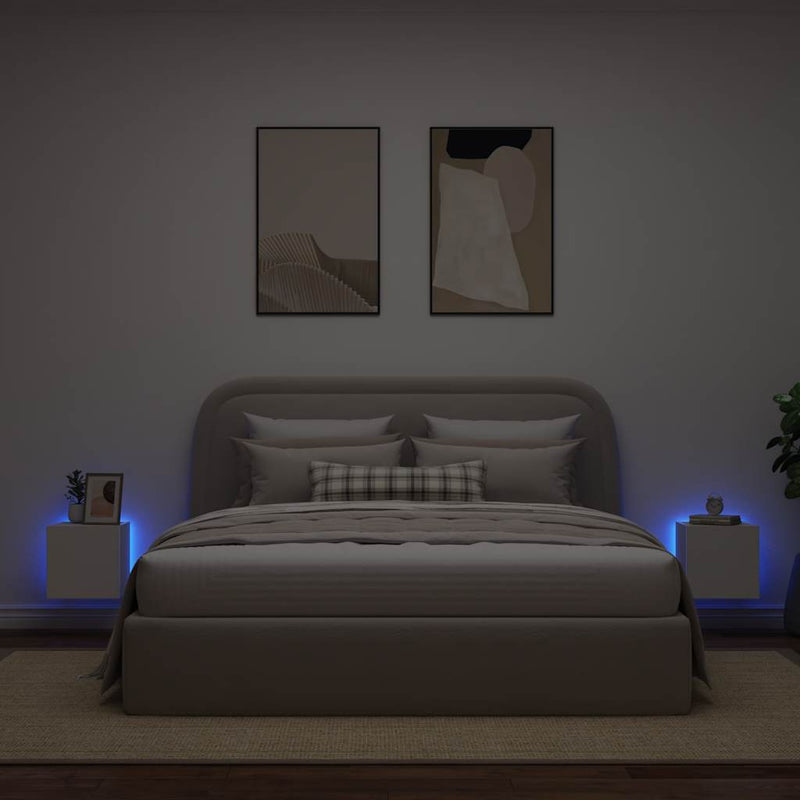 Comode TV de perete cu lumini LED, 2 buc., alb, 30,5x35x30 cm