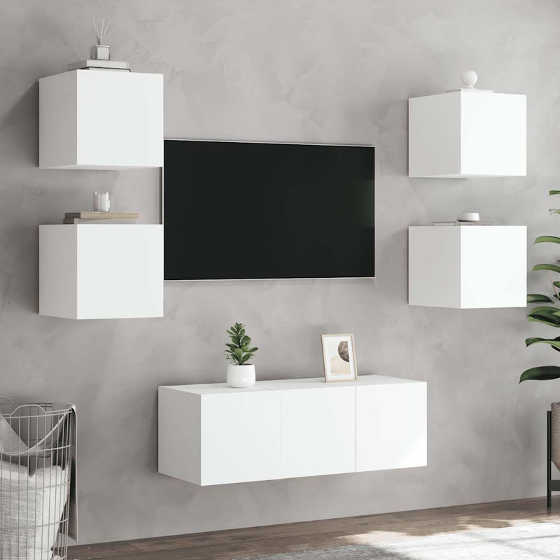 Comode TV de perete cu lumini LED, 2 buc., alb, 30,5x35x30 cm