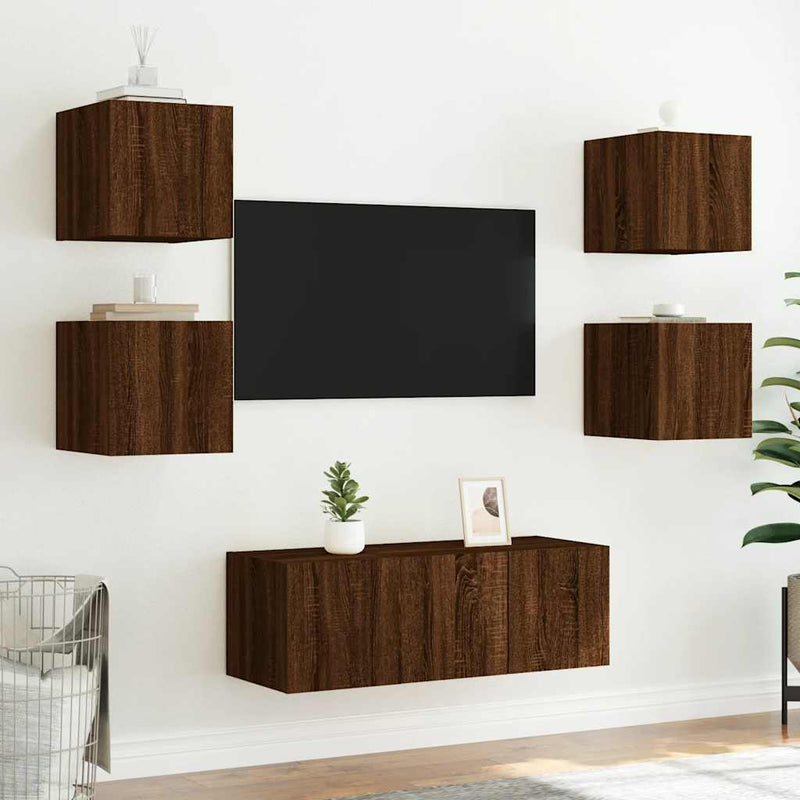 Comodă TV de perete cu LED, 2 buc. stejar maro, 30,5x35x30 cm