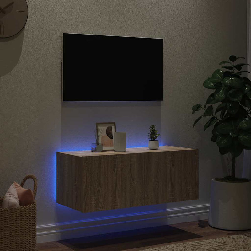 Comodă TV de perete cu lumini LED, stejar sonoma, 80x35x31 cm