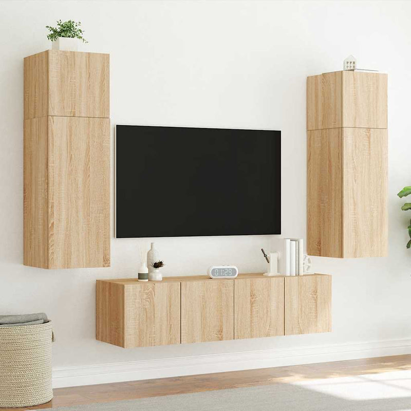 Comodă TV de perete cu lumini LED, stejar sonoma, 80x35x31 cm