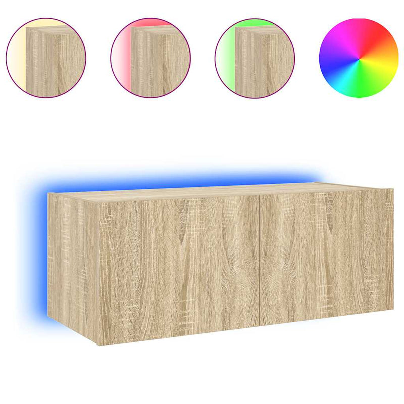 Comodă TV de perete cu lumini LED, stejar sonoma, 80x35x31 cm