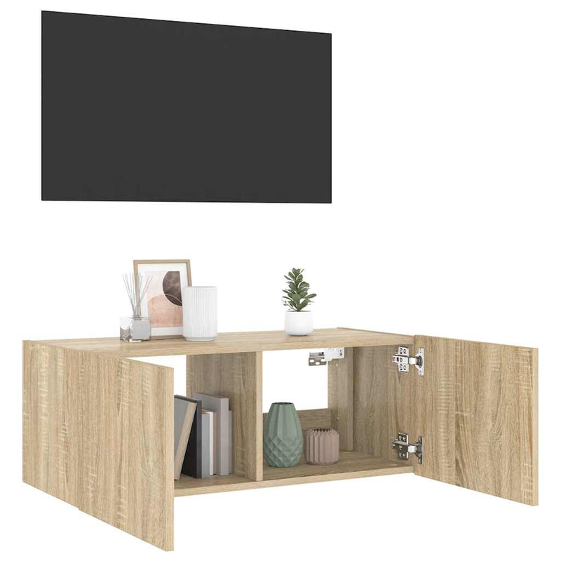 Comodă TV de perete cu lumini LED, stejar sonoma, 80x35x31 cm