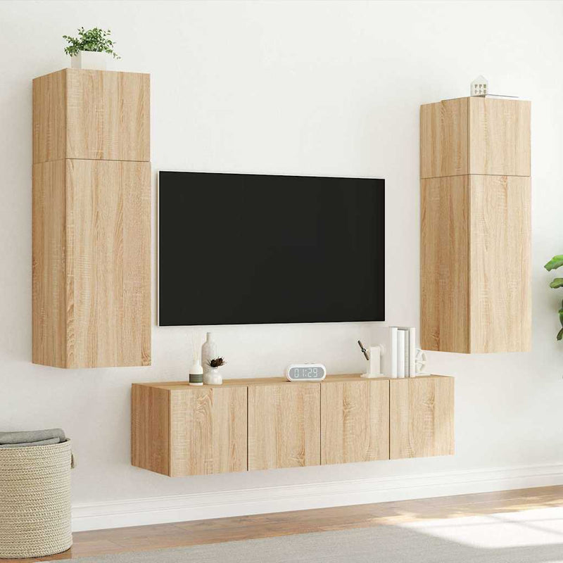 Comodă TV de perete cu LED, 2 buc. stejar sonoma, 80x35x31 cm