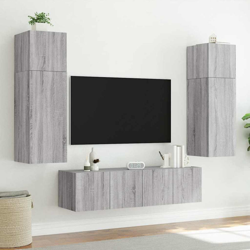 Comodă TV de perete cu LED, 2 buc, gri sonoma, 80x35x31 cm