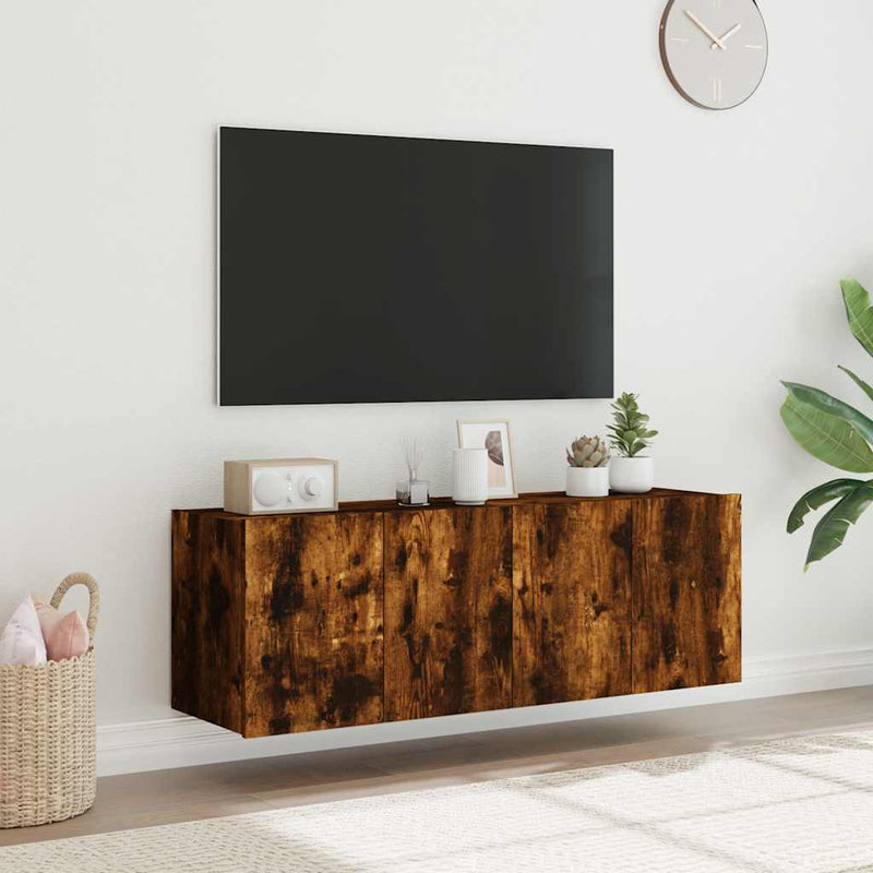 Comodă TV de perete cu LED, 2 buc. stejar fumuriu, 60x35x41 cm