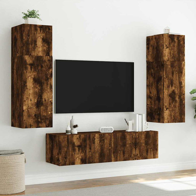 Comodă TV de perete cu LED, 2 buc. stejar fumuriu, 60x35x41 cm