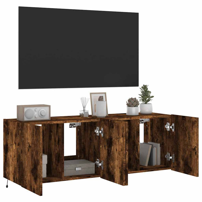 Comodă TV de perete cu LED, 2 buc. stejar fumuriu, 60x35x41 cm