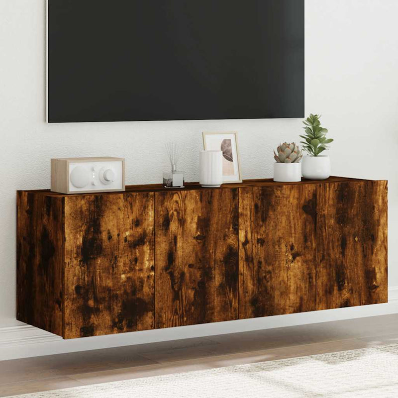 Comodă TV de perete cu LED, 2 buc. stejar fumuriu, 60x35x41 cm