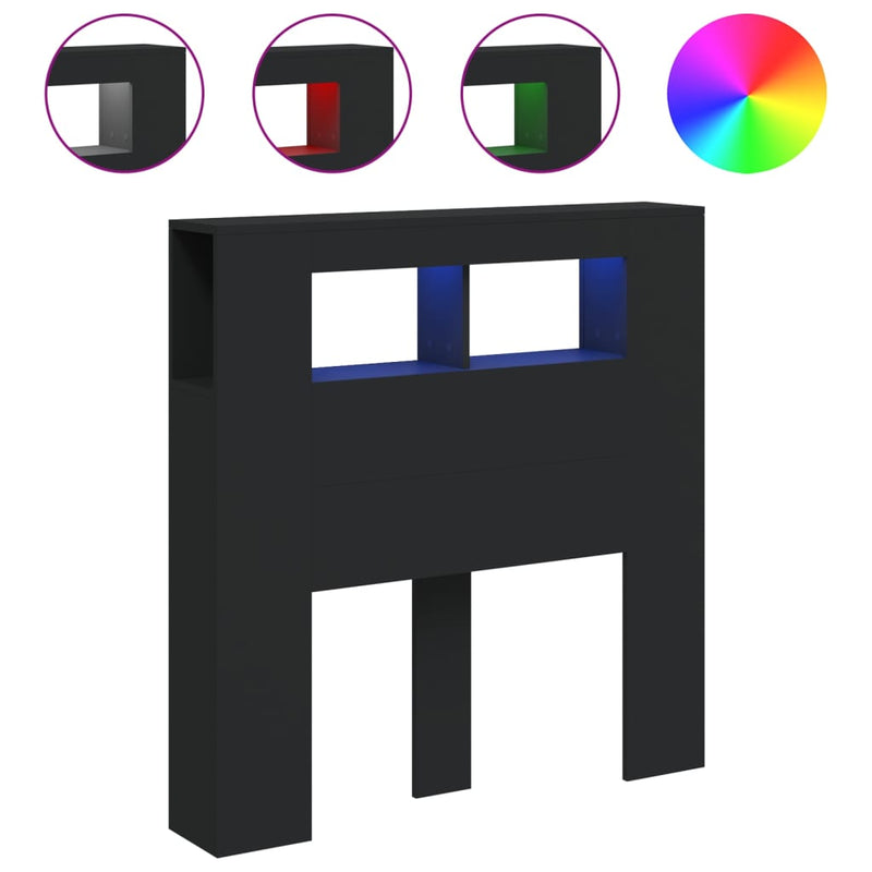 Tăblie de pat cu LED, negru, 100x18,5x103,5 cm, lemn