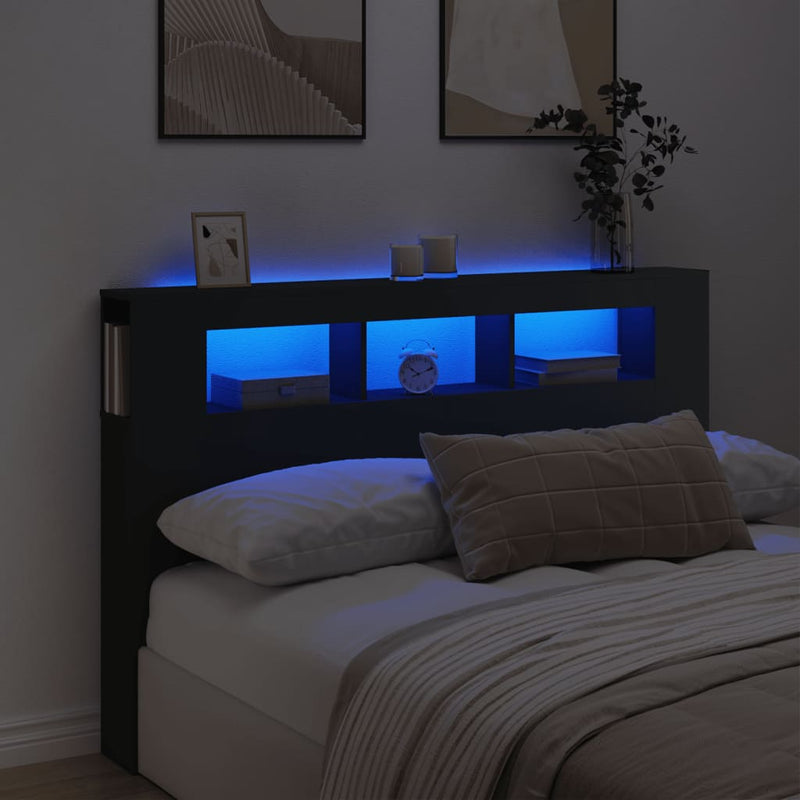 Tăblie de pat cu LED, negru, 160x18,5x103,5 cm, lemn