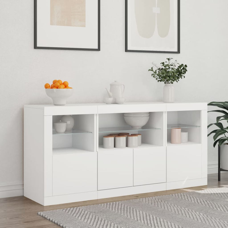 Servantă cu lumini LED, alb, 142,5x37x67 cm