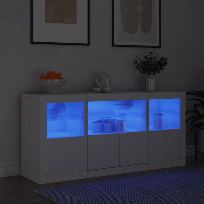 Servantă cu lumini LED, alb, 142,5x37x67 cm