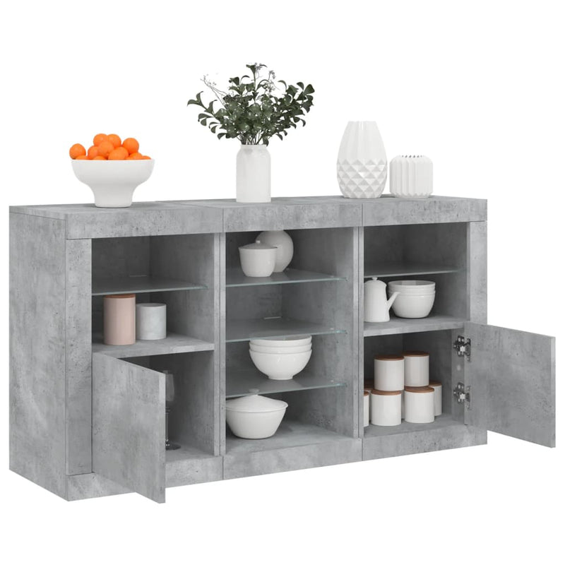 Servantă cu lumini LED, gri beton, 123x37x67 cm