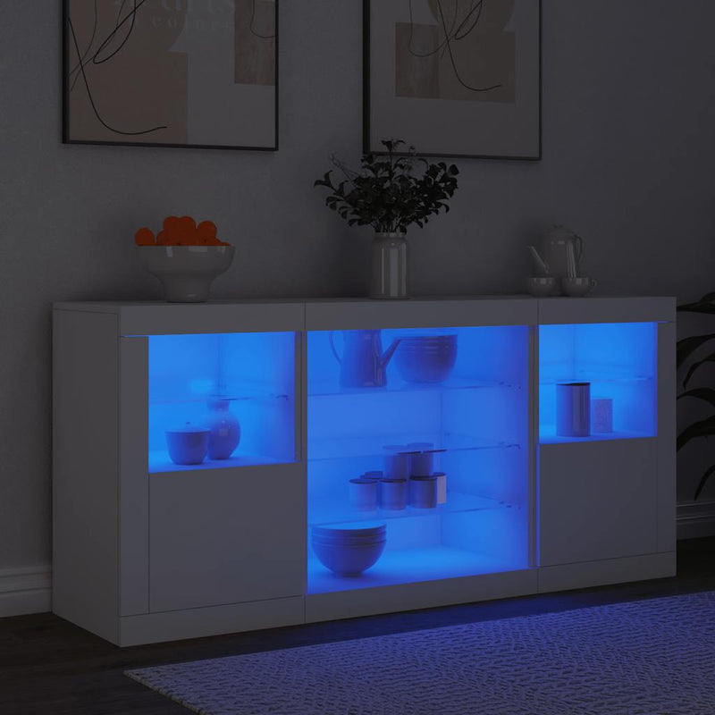 Servantă cu lumini LED, alb, 142,5x37x67 cm