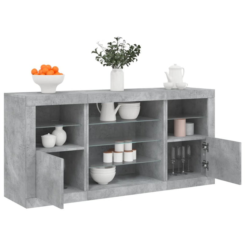 Servantă cu lumini LED, gri beton, 142,5x37x67 cm