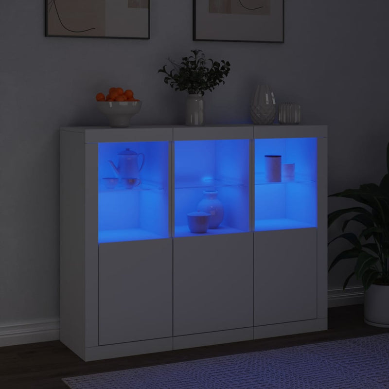 Servantă cu lumini LED, 3 buc., alb, lemn prelucrat