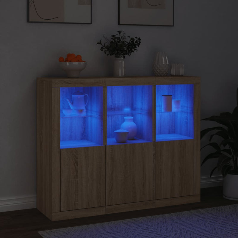 Servantă cu lumini LED, 3 buc., stejar sonoma, lemn prelucrat