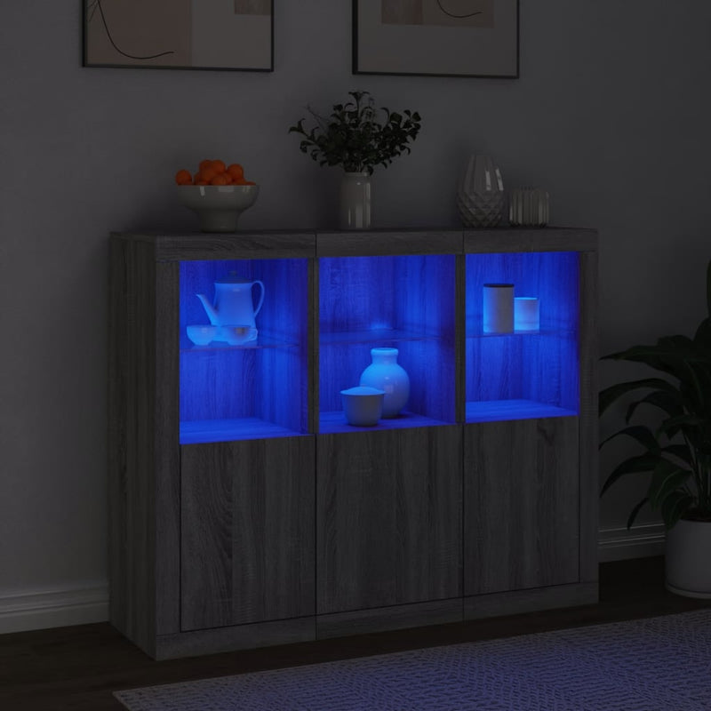 Servantă cu lumini LED, 3 buc., gri sonoma, lemn prelucrat