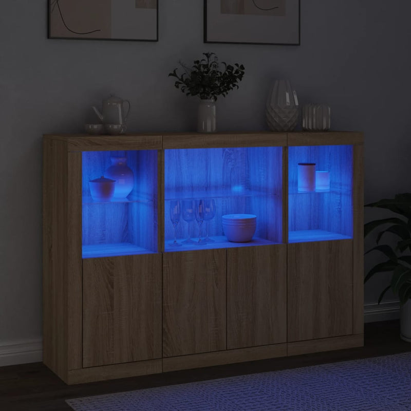 Servantă cu lumini LED, 3 buc., stejar sonoma, lemn prelucrat