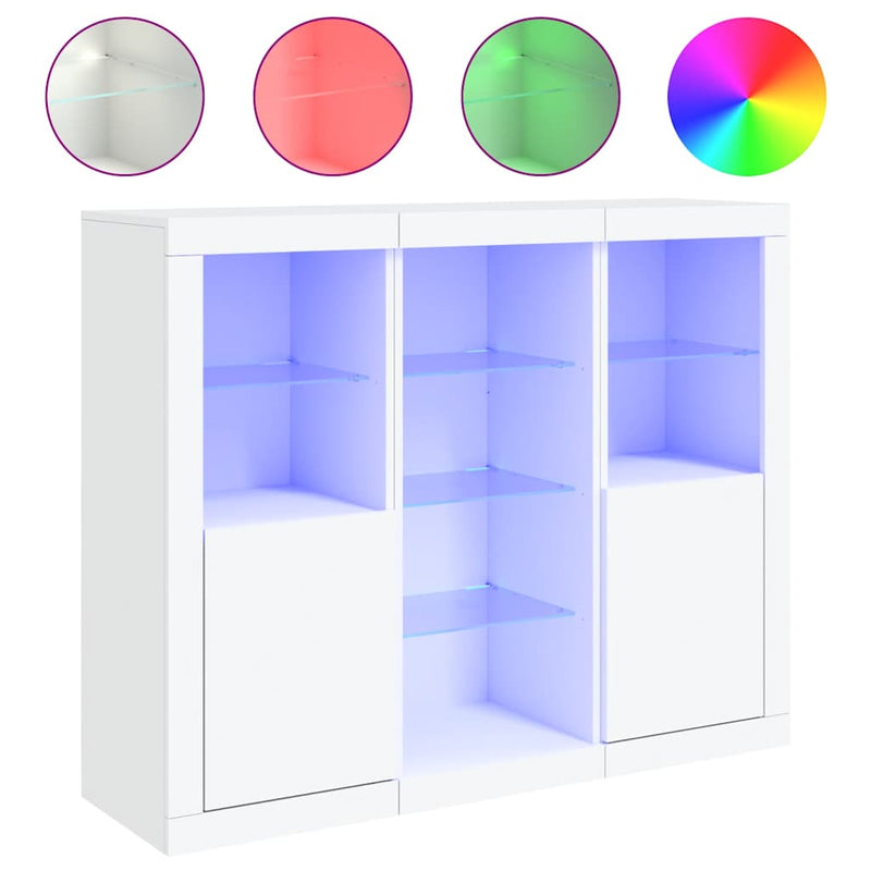 Servantă cu lumini LED, 3 buc., alb, lemn prelucrat