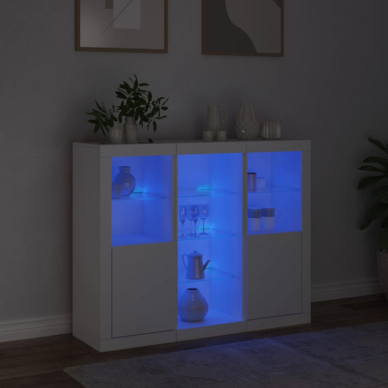 Servantă cu lumini LED, 3 buc., alb, lemn prelucrat