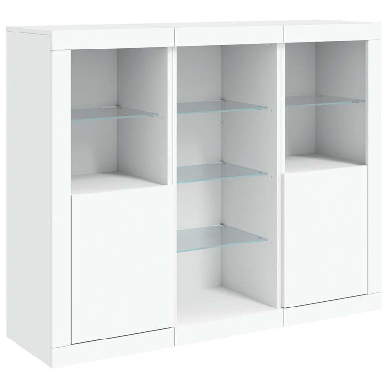 Servantă cu lumini LED, 3 buc., alb, lemn prelucrat
