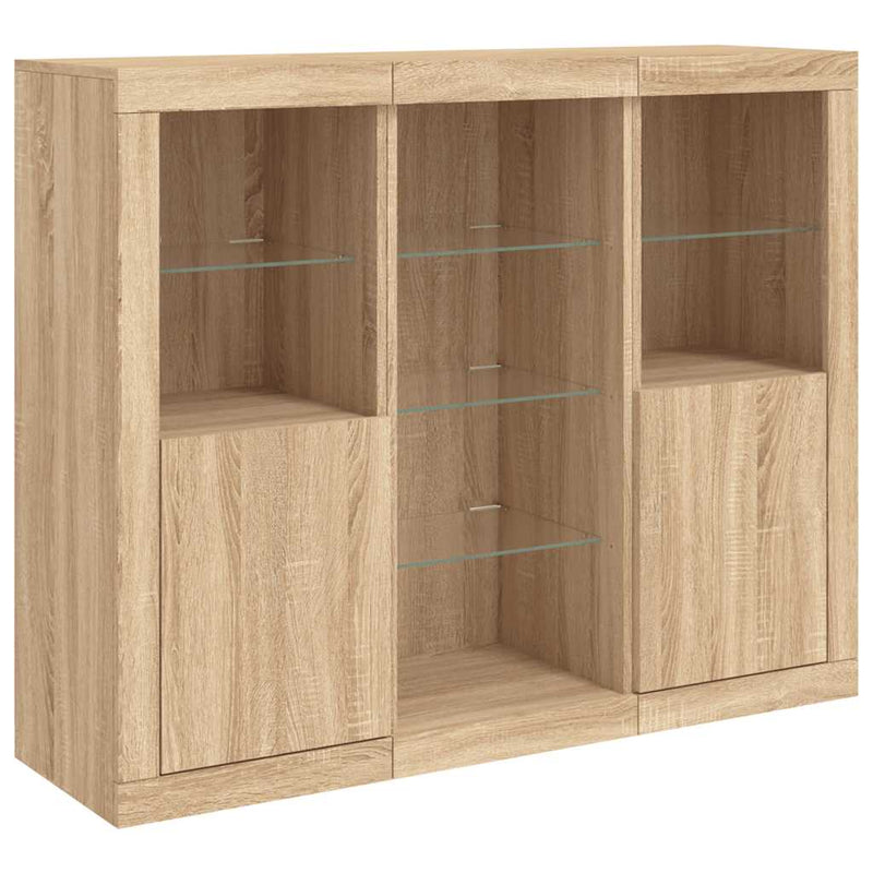 Servantă cu lumini LED, 3 buc., stejar sonoma, lemn prelucrat
