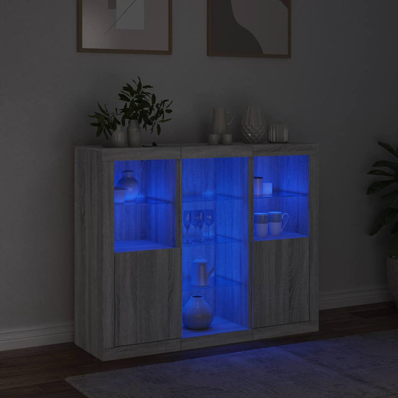 Servantă cu lumini LED, 3 buc., gri sonoma, lemn prelucrat