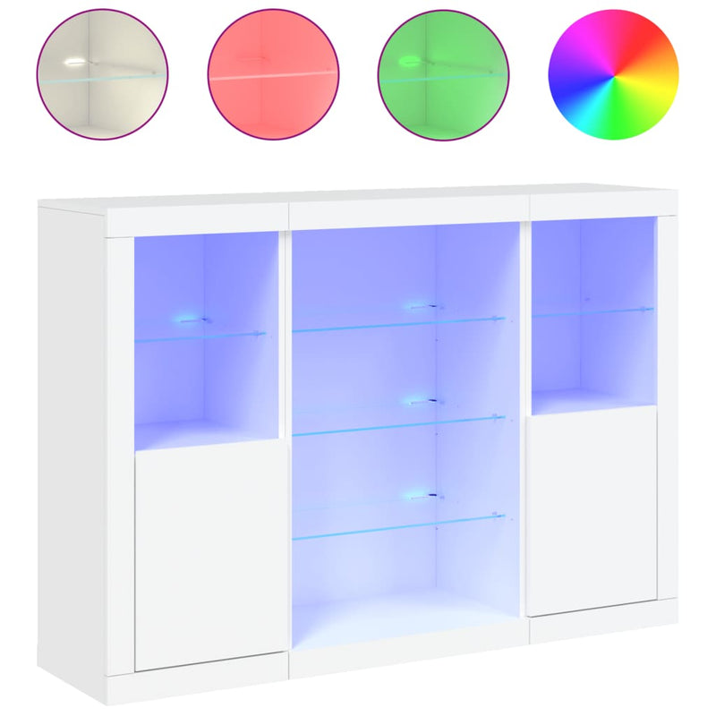 Servantă cu lumini LED, 3 buc., alb, lemn prelucrat