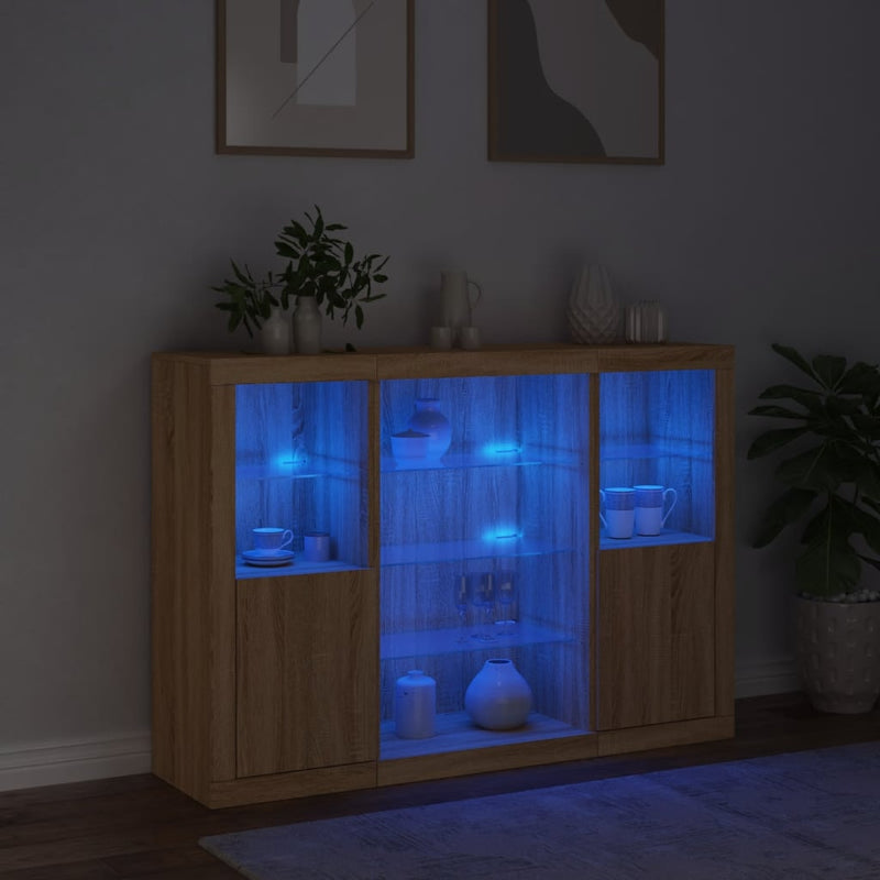 Servantă cu lumini LED, 3 buc., stejar sonoma, lemn prelucrat