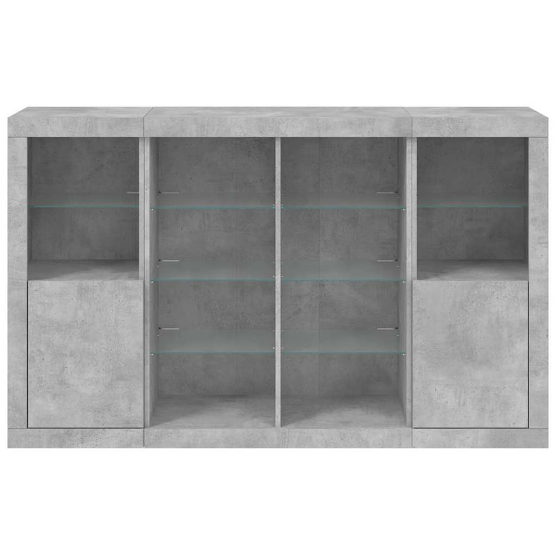 Servantă cu lumini LED, 3 buc., gri beton, lemn prelucrat