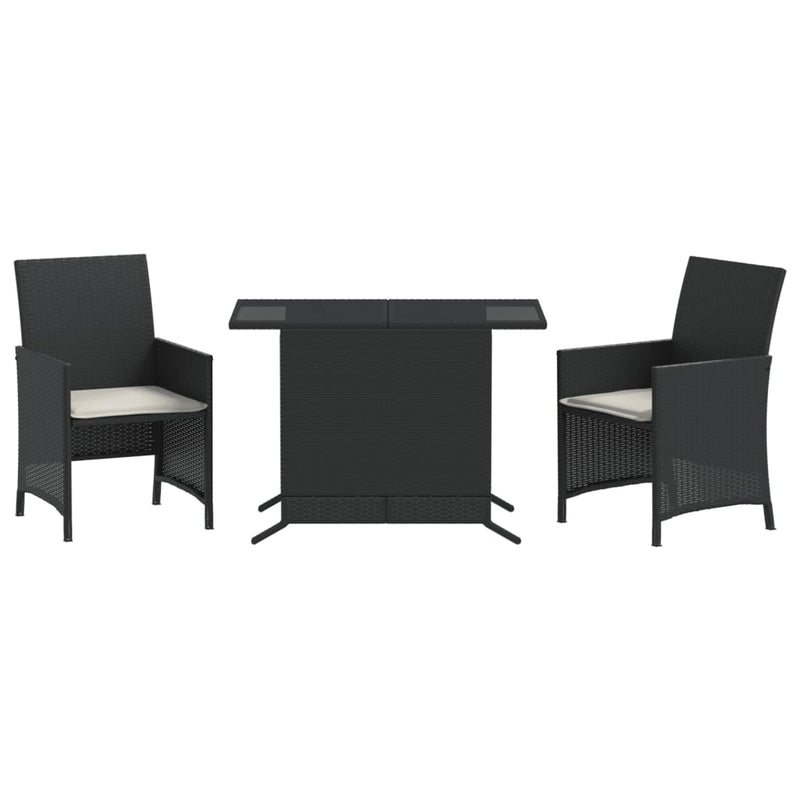 Set bistro cu perne, 3 piese, negru, poliratan