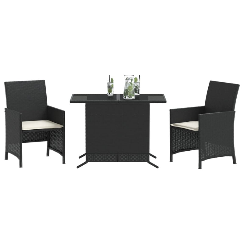Set bistro cu perne, 3 piese, negru, poliratan