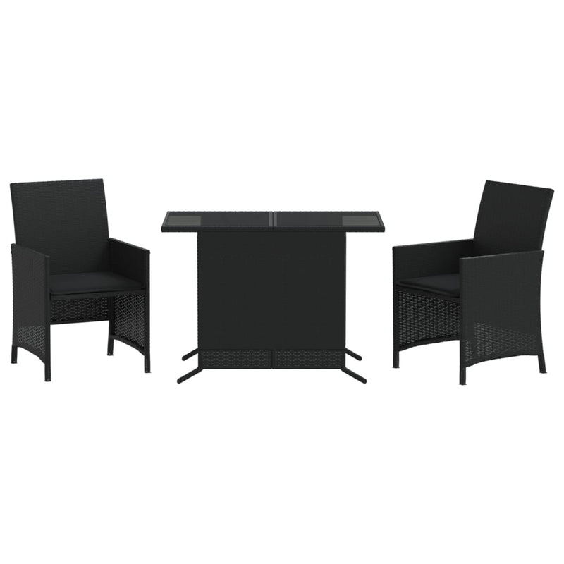 Set bistro cu perne, 3 piese, negru, poliratan