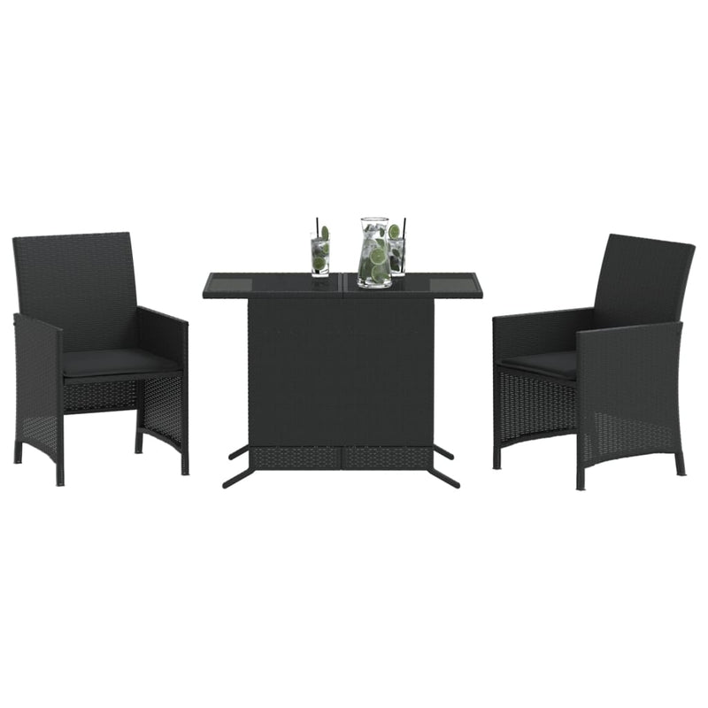 Set bistro cu perne, 3 piese, negru, poliratan