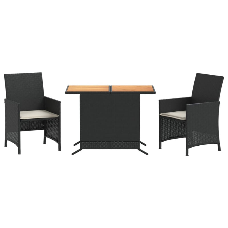 Set bistro cu perne, 3 piese, negru, poliratan
