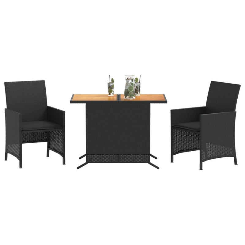 Set bistro cu perne, 3 piese, negru, poliratan