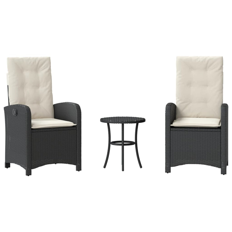 Set bistro cu perne, 3 piese, negru, poliratan