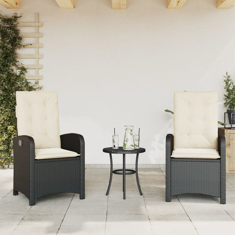 Set bistro cu perne, 3 piese, negru, poliratan