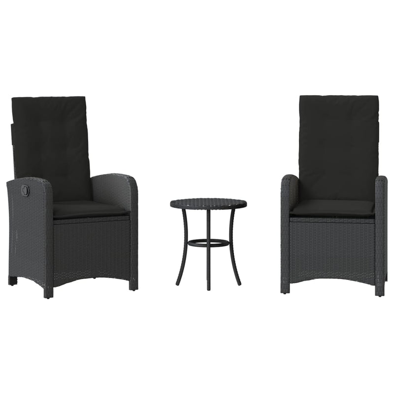Set bistro cu perne, 3 piese, negru, poliratan