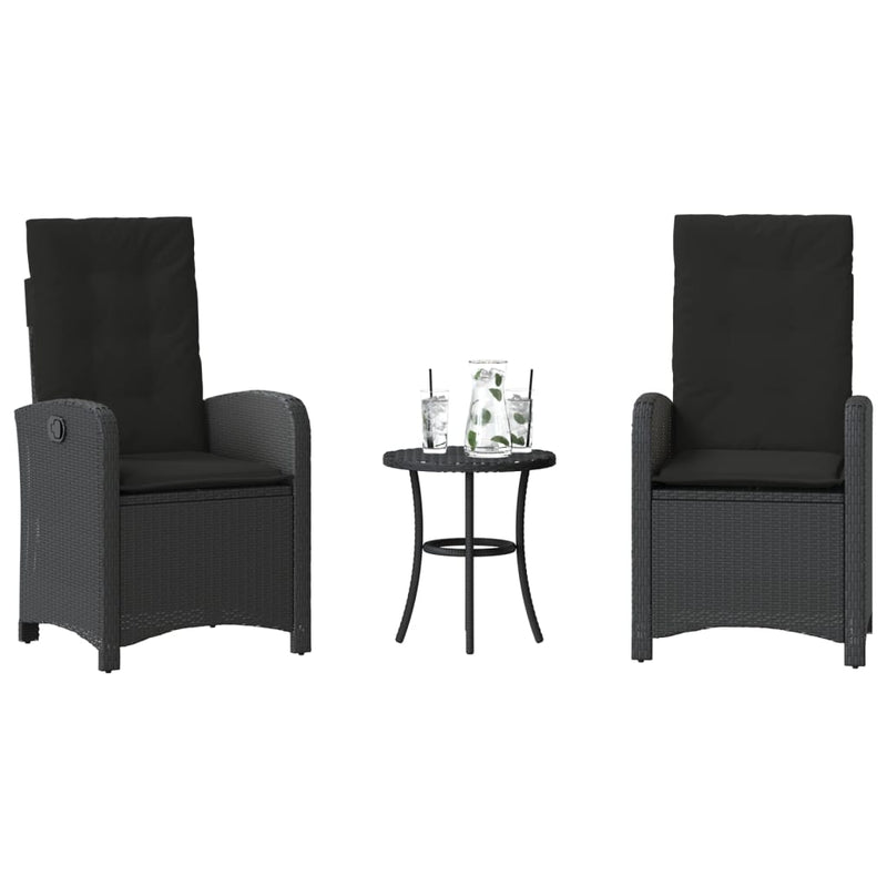Set bistro cu perne, 3 piese, negru, poliratan