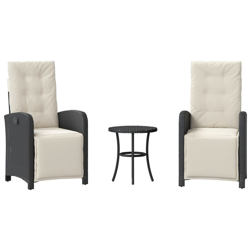 Set bistro cu perne, 3 piese, negru, poliratan