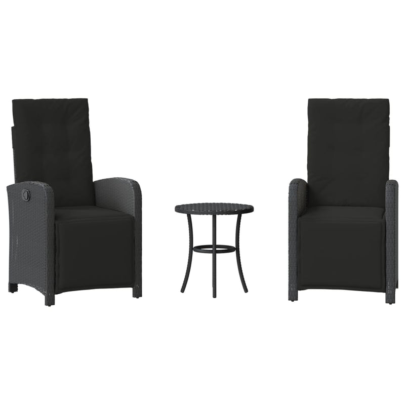 Set bistro cu perne, 3 piese, negru, poliratan